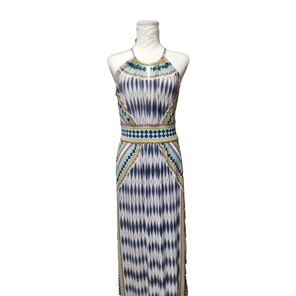 London Times Womens Sz 8 Maxi Dress Multicolor Geometric gathered bodice Keyhole